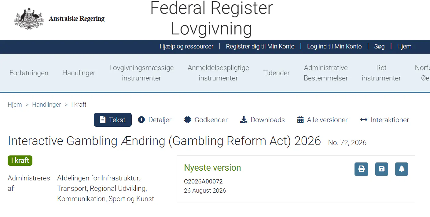 Federal Register page for the Interactive Gambling Amendment Gambling Reform Act 2026