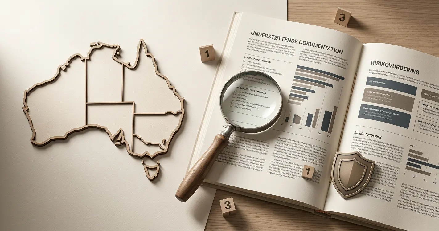 Editorial illustration of evidence checking, an Australian map, a document and a shield